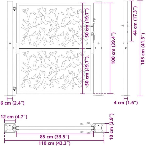 Garden Gate Black Steel Leaf Design 100x100 cm